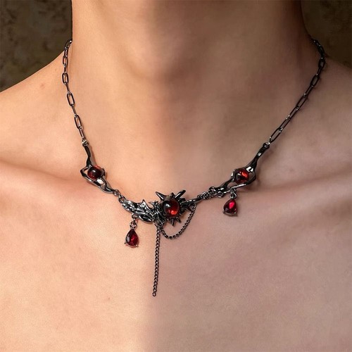 Silver Black Red Zircon Pendant Necklace Punk Collarbone Neck Chain for Women - Picture 6 of 8