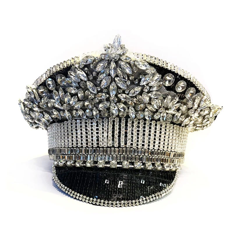Women Crystal Diamante Sequin Beaded Military Captain Hat Cap Steampunk Cosplay - Image 2 of 4