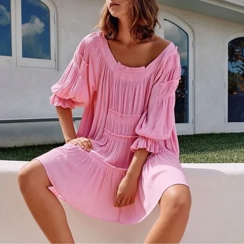 Free People Sea Ya There Oversized Boho Pink Mini Dress - X-SMALL - RRP £78 NEW - Picture 2 of 7
