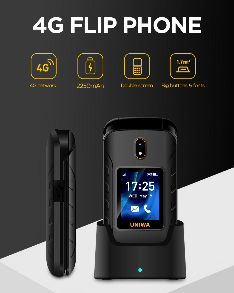 UNIWA V909T Flip Mobile Phone 4G Full Band Feature Cellphone MTK Quad ...