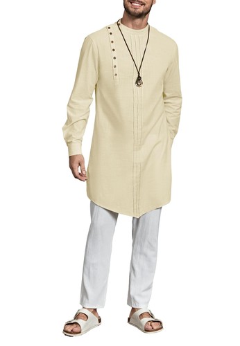 Mens Kaftan Thobe Long Sleeve Robe Gown Casual Cotton Linen Button Muslim Shirt - Picture 4 of 6