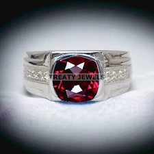Garnet Cushion Cut Gemstone With 925 Sterling Silver Ring For Men's #646 *