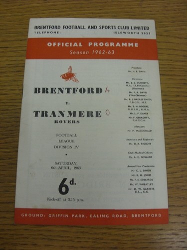06.04.1963 Brentford v Tranmere Rover (Ergebnisse auf Covern & Teamänderungen notiert)