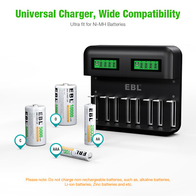 EBL Universal LCD Smart Battery Charger - 8 Bay USB For Ni-MH AA AAA C D Battery