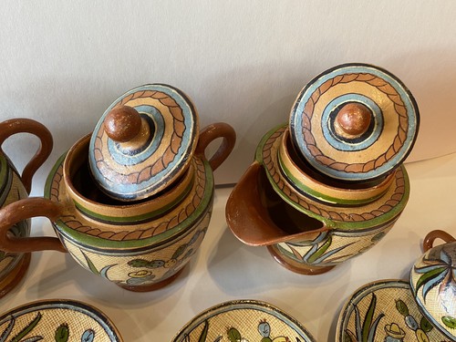 Antique Mexican Tlaquepaque Petatillo lidded Pottery Teaset Teapot Cup Saucer CS - Picture 8 of 11