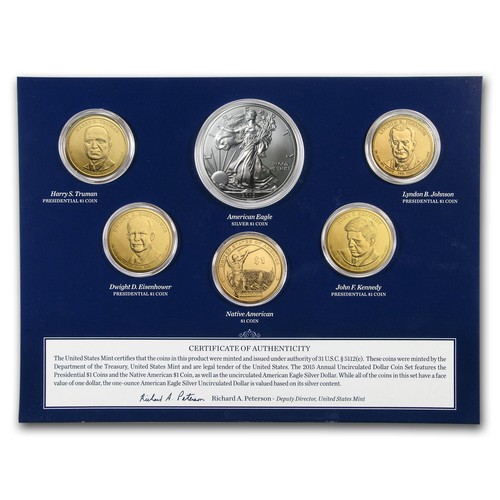 U.S. Mint Uncirculated Dollar Coin Set 6 Dollar Coins & 2015-W SILVER EAGLE OGP - Picture 5 of 8