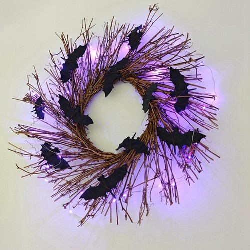 45cm/17.7” Halloween Wreath Hanging Fake Bat Rattan Wreath Fall Front Door Decor