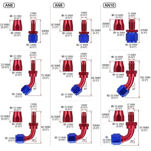 2Pcs Red Oil Fuel Line Hose End Fitting Adapters Kits 45°Degree AN8 Aluminum End - Picture 4 of 11