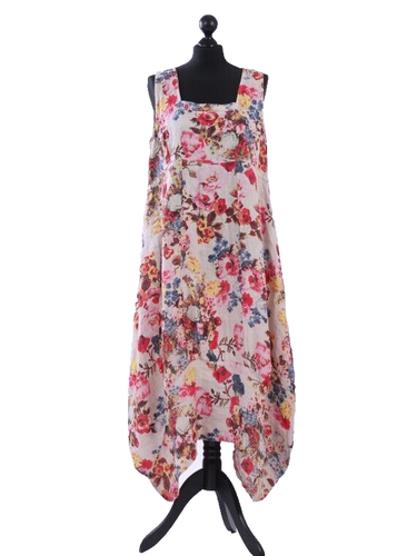 Italienisches Lagenlook Kleid Leinen Blumen ärmellos eckiger Ausschnitt One Size UK 10-16