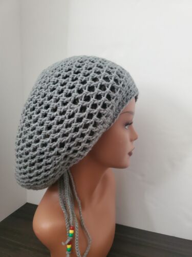 Hecho a mano Gris Crochet Dreadlock Tam con cordón Sombrero holgado - Imagen 3 de 9