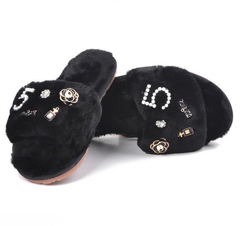 BLACK FUR SLIPPERS SLIDE CAMELLIA PERFUME RHINESTONE PEARL SMALL 35/36 - Picture 1 of 5