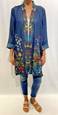 Johnny Was Kimono Long Provence Coat Denim Blue Embroidery Jacket Small S NEW