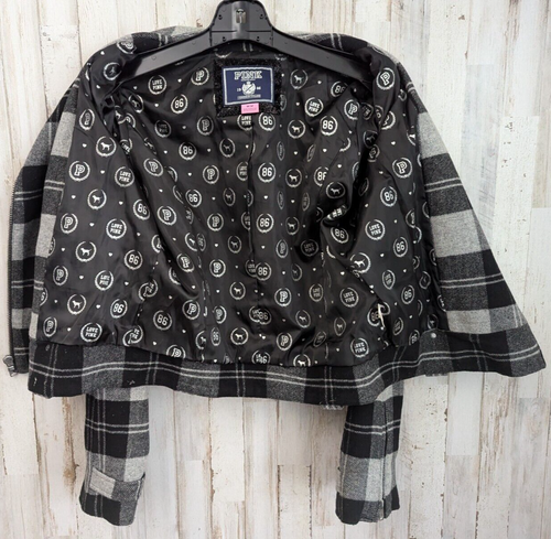 Victoria's Secret Coat M Plaid Black Gray Wool Lined Moto Preppy Grunge Academia - Picture 8 of 12