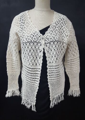 Tiara Int'l Beige Crochet Sweater Size XL 1 Button Fringe Detail Boho Chic