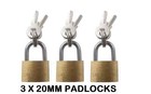 3 x Brass Padlocks  Mini  2 Key Lock  For Luggage Backpack Suitcase Holidays