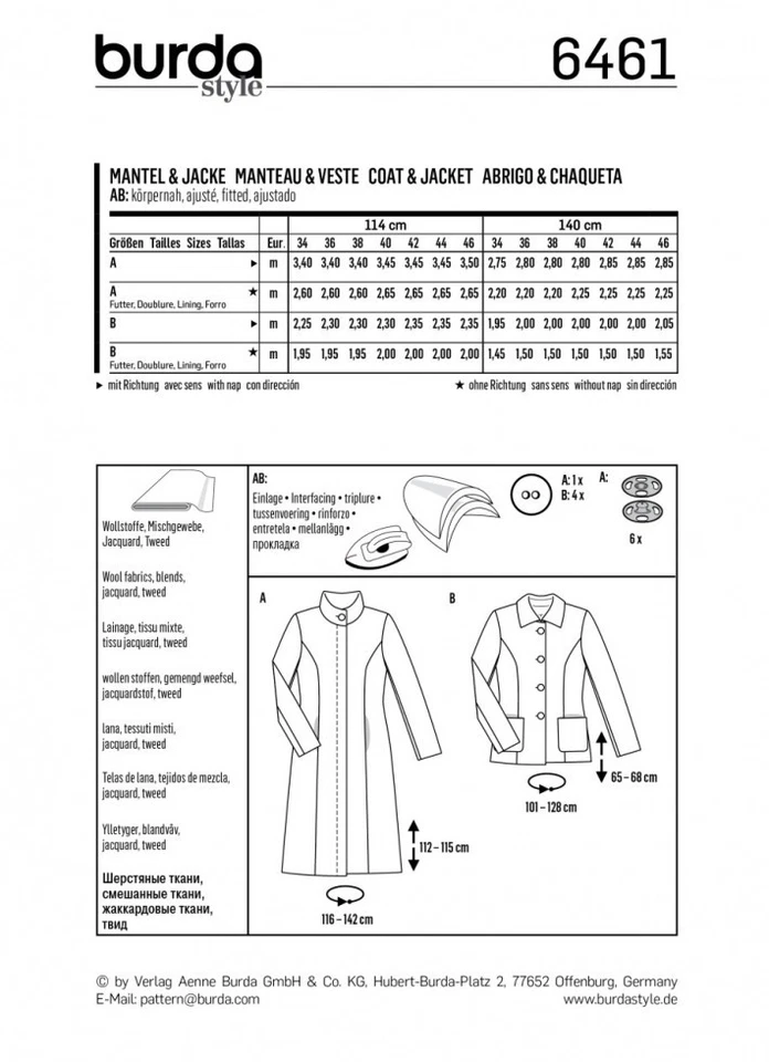 Burda Ladies Sewing Pattern 6461 Coat & Jacket (Burda-6461) - Image 2 of 3