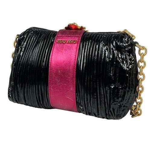 Miu Miu Rhinestone Pink Metallic Patent Gathered Chain Link Clutch Snap Purse - Picture 13 of 16