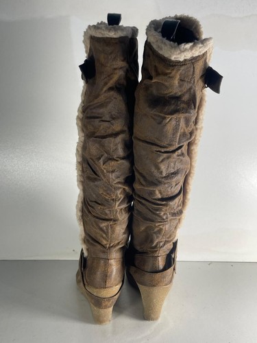 New Look Ladies Boots Size 5(38) Brown Leather Fur Trim Wedge Buckle Strap -B238 - Picture 4 of 10