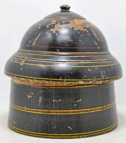 Antique Wooden Big Round Box Original Old Hand Carved Lacquer Painted - Picture 3 of 7