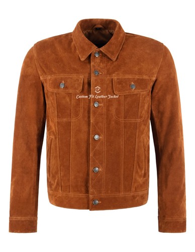 Men's Trucker Jacket Western Classic Shirt Cow Suede Leather Denim Look Jacket - Picture 4 of 13