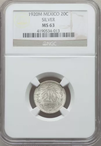 MEXICO ESTADOS UNIDOS 1920  20 CENTAVOS COIN CERTIFIED UNCIRCULATED NGC MS-63