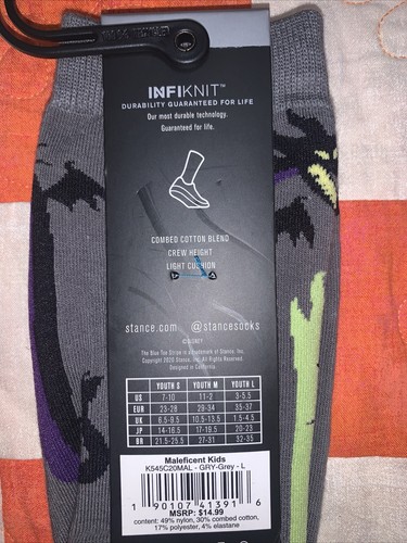 New Stance Maleficent Infiknit Crew Socks 1 Pair Youth Large 3-5.5 Grey Disney - Picture 3 of 3