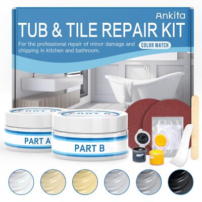 Bathtub & Tile Repair Kit – Color-Match Epoxy For Chips, Cracks, And Scratches – White, Almond, Bone, Biscuit, Grey, Black, And More – Odorless, Waterproof, DIY