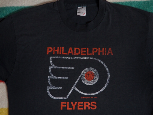 VTG 80s Swingster NHL Philadelphia Flyers USA Faded Black Hockey Tee T-Shirt L - Picture 3 of 8