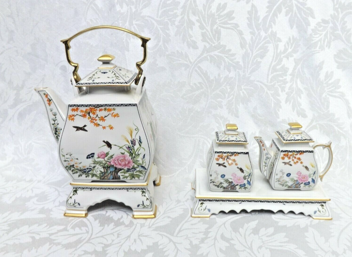 Franklin Mint Oriental Tea Pot, Sugar & Creamer ~ 24kt