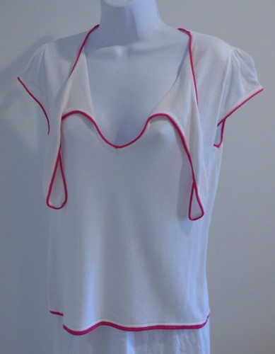 NANETTE LEPORE White W Fuschia Pink Trim Tie Keyhole Neck Cap Sleeve Sweater SzS - Picture 4 of 6