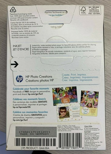 HP ZAAWANSOWANY PAPIER FOTOGRAFICZNY 4X6 66lb BŁYSZCZĄCY ATRAMENT Q6638-10016 100 ARKUSZY OPAKOWANIE NOWY! - Zdjęcie 2 z 2