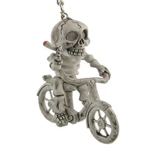 SMOKING SKELETON on a Bike 2-3/4" Hard Rubber Key Ring Biker