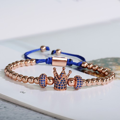 Luxury 18K Gold Micro Pave CZ Crown Copper Beads Adjust Men Women Bracelets - Picture 3 of 25