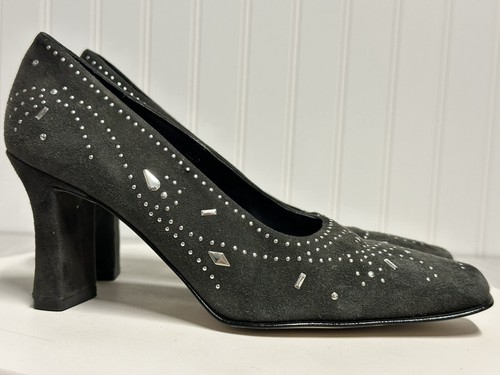 Y2K J. Renee sz 7M Silver Studs Gray Suede Leather Pumps Pointy Snip Toes - Picture 2 of 12