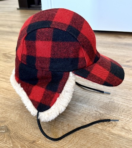 Filson Double Mackinaw Wool Trapper Hat Red Black Buffalo Plaid Size Medium USA - Picture 3 of 9
