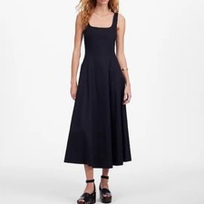 NWT Madewell Black Seamed Squareneck Midi Dress Cotton Linen Blend Size 14