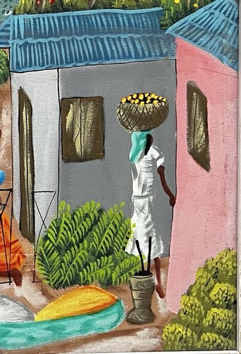 Original Art Painting Tropical Village Market Scene by R Alaby Folk Art Haiti - Picture 4 of 8