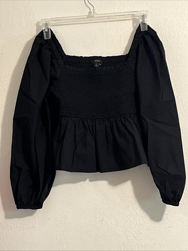 J Crew Woman's Top Large, Black Rouched Cropped Baloon Sleeve Peplum - Afbeelding 1 van 13
