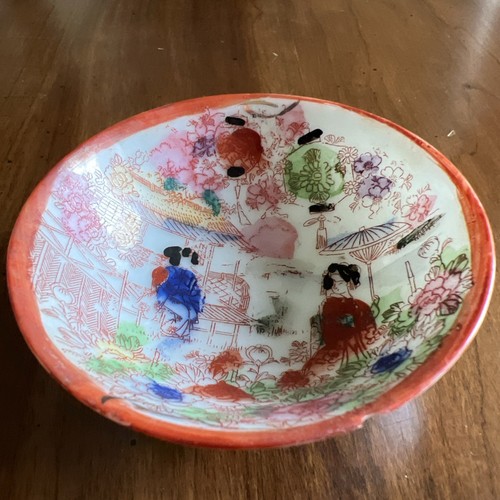 Antique Japanese Tiny Kutani Porcelain 3-1/4” Bowl; Hand-Painted Geisha - Picture 1 of 15