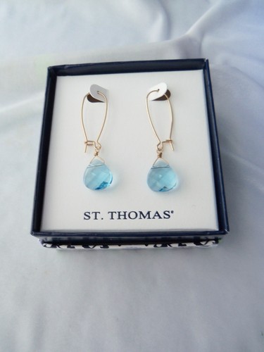 Vintage St. Thomas facettierte Aqua Glas baumelnde Stein lange Haken Ohrringe neu in Box - Bild 5 von 5