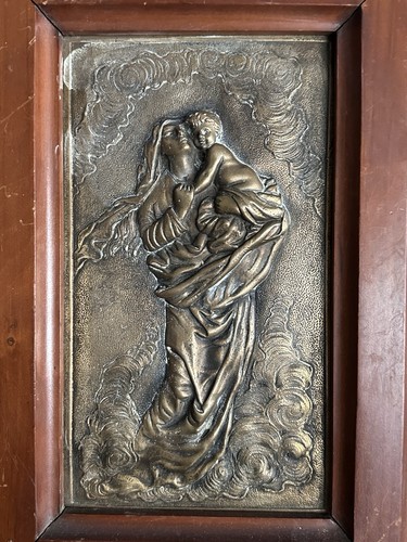Vecchia placca in bronzo / Madonna col Bambino / cornice legno - Foto 2 di 6