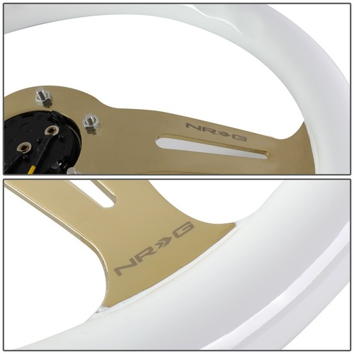NRG 350MM WHITE WOOD GRAIN GRIP CHROME GOLD 3-SPOKE STEERING WHEEL W/HORN BUTTON - Picture 4 of 5