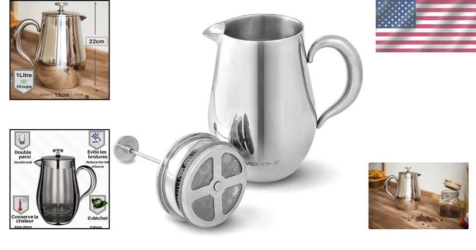 Unbreakable Stainless Steel 1L French Press Coffee Maker - Thermal Insulation - Image 2 of 4