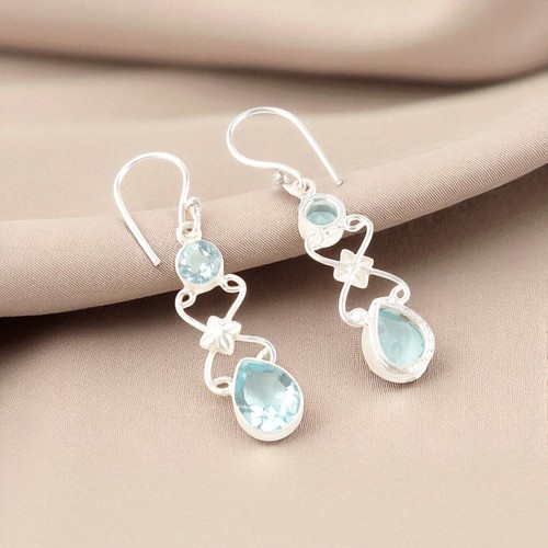 Sky Blue Topaz Gemstone 925 Stamp Silver Handmade Jewelry Earrings Gift For Wife - Picture 6 of 8