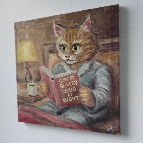 Original Oil Cat Reading Book Painting Canvas Funny Animal Art Humor Wall Decor - Picture 22 of 24