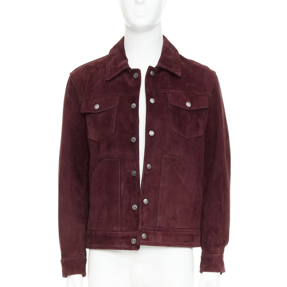TOM FORD burgundy suede calf logo buttons Western trucker jacket IT50 L - Image 3 of 4