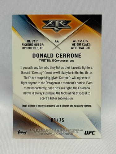 2017 Topps UFC Fire Donald Cerrone #44 BLUE FLAME 09/25 - Picture 2 of 2