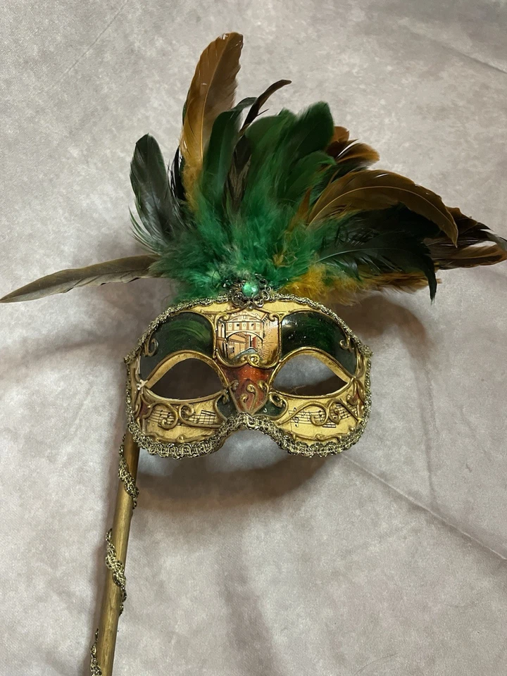 Brown & Green Feathered VENETIAN Stick Mask w/ Musical Notes & Gold Trim - 20" L - Image 3 of 4