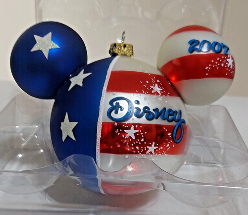 American Flag 4th Of July Disney Large 5” Mickey Ears Glass Ornament 2007