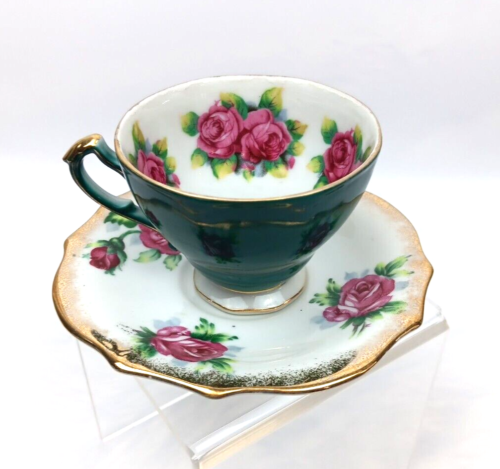 Vgt Chase Hand Decorated Teacup And Saucer Green with Red Roses - Picture 2 of 6